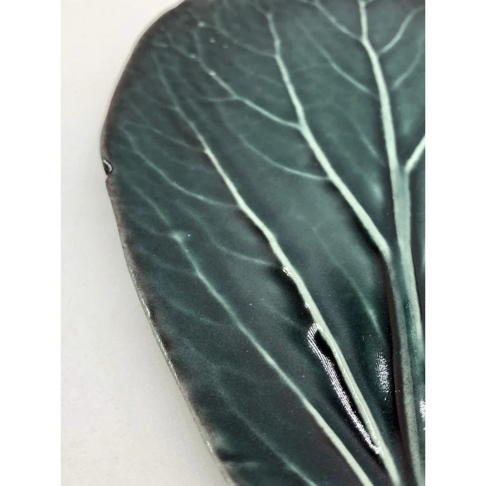 Dark Green Glazed Ceramic‎ Leaf Trinket Dish Botanical Decorative Platter 9 Inch